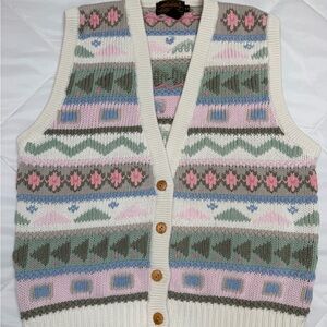 Vintage Eddie Bauer Sweater Vest Womens Medium Fair Isle Cotton Pink White 1990s